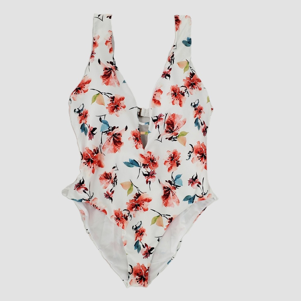 Lucky Brand Womens Large Floral One Piece Swimsuit White Slimming Fit LK9P001